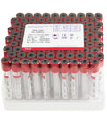 Veterinary Lab Vacuum Blood Collection Tubes No Additive 5ml Red Cap 100 Count neatly stacked for Vet Clinics and Pet Labs