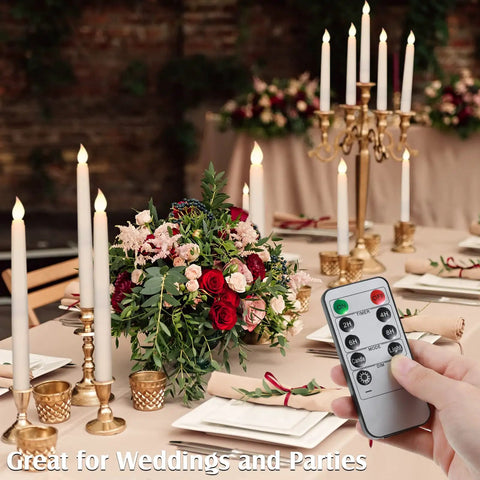 Ivory 24 Pack Flameless Taper Candles With Remote And Timer, 11 Inch LED Battery Operated Candles on wedding table setting