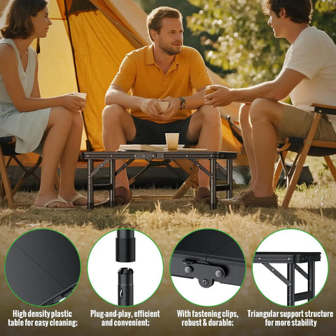 Foldable Camping Table With Waterproof Plastic Tabletop Portable Picnic Table Aluminum Frame Three Height Levels Ideal For BBQs Camping And Indoor Or Outdoor Use Sturdy Easy Clean 22.8 Inches Long 15.7 Inches Wide with people camping