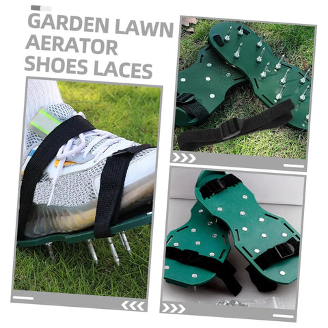 Adjustable Lawn Aerator Shoes Straps with Spiked Sandals for Soil Aeration and Garden Care displayed in three images.