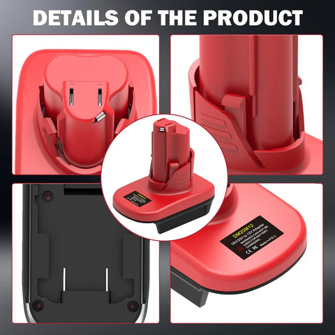 Collage showing details of 18V to 12V battery adapter converter for power tools, compatible with M18 to M12, highlighting design and ports.