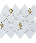 Tenedos Thassos white marble and gold glass diamond mosaic tile sheet, front view with white diamonds and gold accents