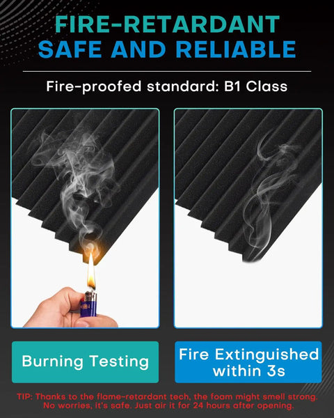 Fire retardant testing of 48 Pack Peel And Stick Acoustic Foam Wall Tiles, High Density Sound Absorbing Pads, B1 Standard.