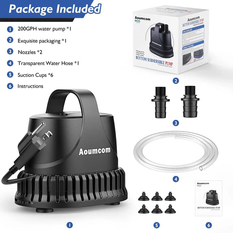 Submersible Water Pump 200 GPH 10W for Garden Fountains and Fish Tanks Ponds Waterfalls Hydroponics with accessories