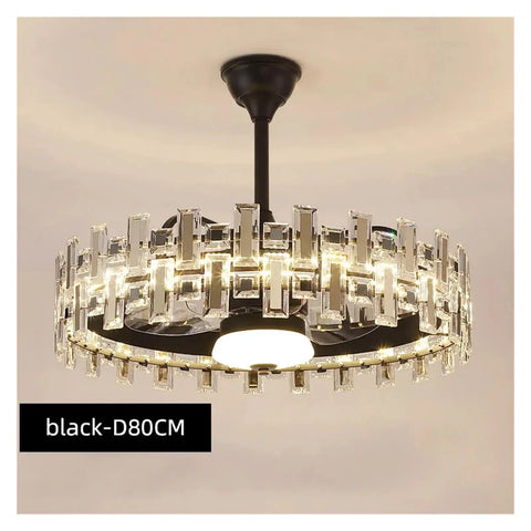 Top Shelf Black Crystal Ceiling Fan Light With Easy Press Remote Hush Glide DC Motor Sleek Chandelier Fan Combo view from below.