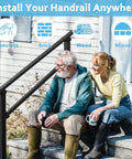 Elderly couple sitting on steps with 2 Pack Adjustable Outdoor Handrails For 3 To 4 Step Stairs Black Indoor Outdoor Stair Railing Kit