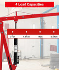 Solid 2 Ton Engine Hoist And Rolling Cherry Picker With Reinforced Casters showing 4 load capacities: 2Ton, 1.5Ton, 1Ton, 0.5Ton.