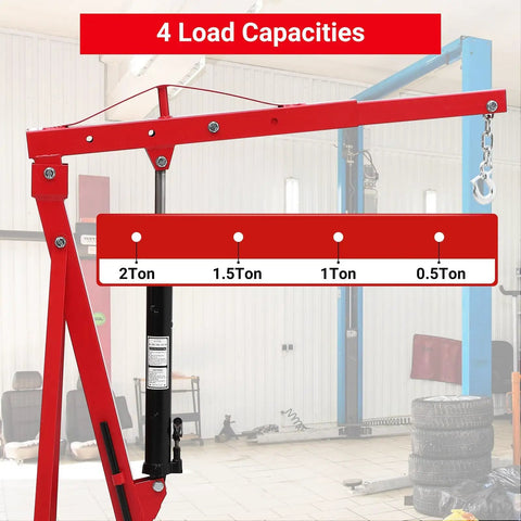 Solid 2 Ton Engine Hoist And Rolling Cherry Picker With Reinforced Casters showing 4 load capacities: 2Ton, 1.5Ton, 1Ton, 0.5Ton.