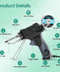 60W Auto Feed Soldering Iron Gun Kit With Adjustable Temperature LCD Display shown with labeled features on mint background