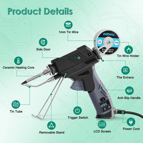 60W Auto Feed Soldering Iron Gun Kit With Adjustable Temperature LCD Display shown with labeled features on mint background