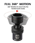Shallow Universal Impact Socket Set Built Tough 3/8 Inch Drive, 6 Point, Metric 8-22mm CR-MO Steel flexible wobble swivel close-up