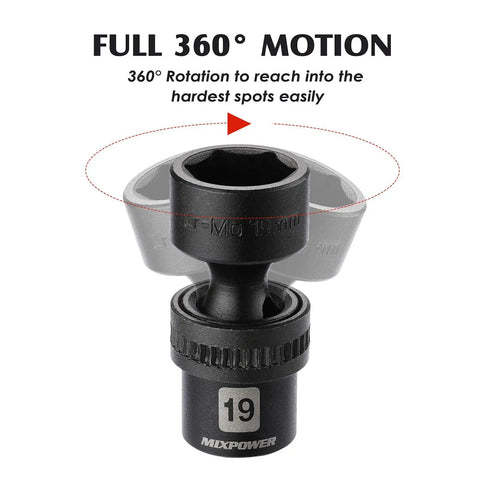 Shallow Universal Impact Socket Set Built Tough 3/8 Inch Drive, 6 Point, Metric 8-22mm CR-MO Steel flexible wobble swivel close-up