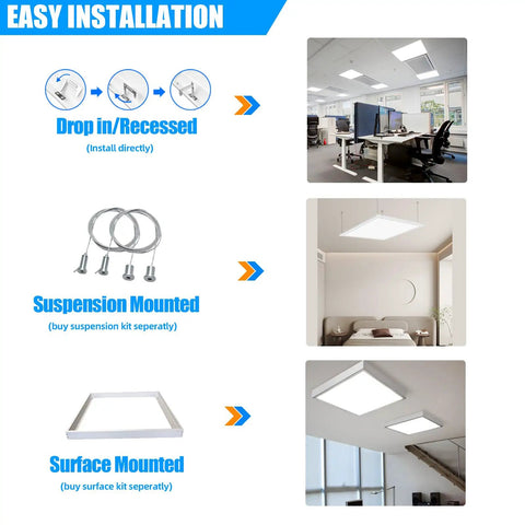Installation methods for 4 Pack 2x2 Ft LED Flat Panel Ceiling Light Fixture 45W 5800 Lumens 5000K White Dimmable 0-10V Recessed