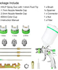 Hvlp Gravity Feed Paint Sprayer Gun Featuring 1.4mm Tip Plus Replaceable 1.7mm And 2.0mm Nozzles, includes 600ml cup and extra tools.