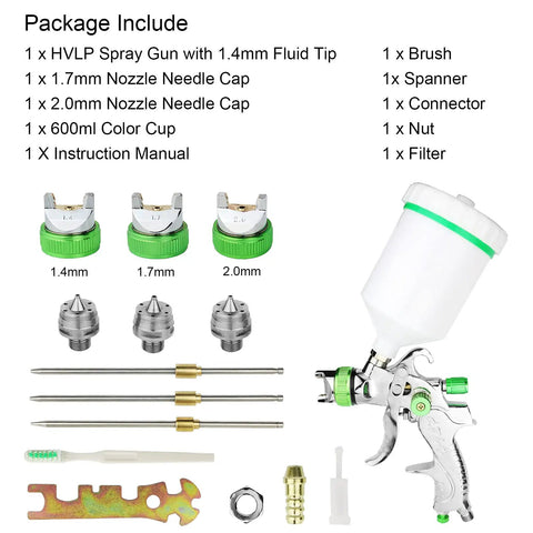 Hvlp Gravity Feed Paint Sprayer Gun Featuring 1.4mm Tip Plus Replaceable 1.7mm And 2.0mm Nozzles, includes 600ml cup and extra tools.