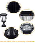 Solar Post Lights Outdoor All Weather Waterproof Pillar Led Deck Lights with clear glass and black finish details