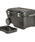 Rolling Tool Box With Wheels Lockable Black Plastic Chest For On The Go Pros, shown with open lid and removable tray