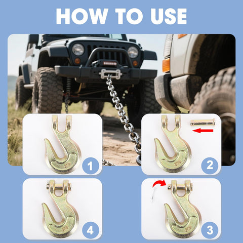 Four Pack Five Sixteenth Inch Heavy Duty Chain Hook Set With Grade 70 Forged Steel Clevis Grab Hooks illustrating usage