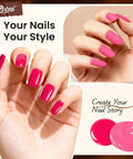 Person with pink-manicured nails using 8 Piece Hema Free Gel Nail Polish Set With Base Coat And Top Coat, 6 Color Gel Polishes.