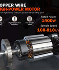 Magnetic drill press, Amazon brand; 1400W motor with cutaway view of gears and rotor.