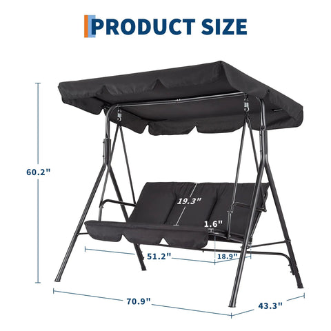 Dimensions of Three Seat Outdoor Patio Porch Swing With Stand Adjustable Canopy Thick Waterproof Cushions Heavy Duty Steel Frame