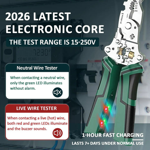 2026 latest electronic core 14 In 1 Wire Stripping Pliers With Rechargeable Battery, voltage tester for 15-250V, green.