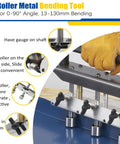 Close-up of Three Station Roller Metal Bender for Roofing, showcasing adjustable large radius, detailed knobs, and 0-90 degree bending capability.