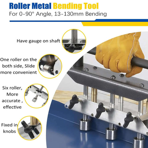 Close-up of Three Station Roller Metal Bender for Roofing, showcasing adjustable large radius, detailed knobs, and 0-90 degree bending capability.