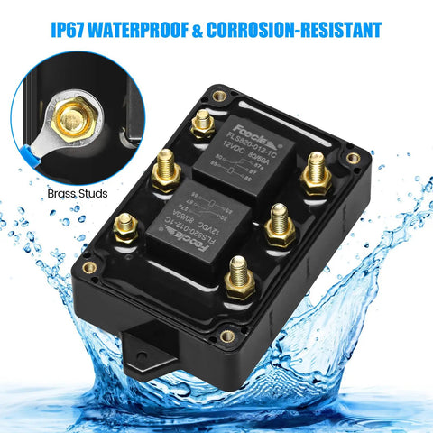 Heavy Duty 12V Forward Reverse Relay Module For Motor Control with brass studs and IP67 waterproof design.