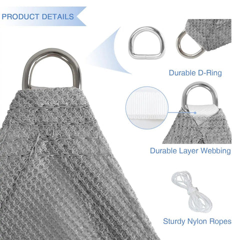 Right Triangle Sun Shade Sail For Patio And Backyard Must Have, UV Resistant And Breathable 180GSM HDPE, Light Gray, D-Ring details