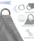 Product details of 13 Foot by 13 Foot Sun Shade Sail Rectangle Canopy for Patio Backyard Garden Outdoor UV Block Breathable 180GSM Poly Fade Resistant Not Waterproof Gray Shade Cover showing D-ring, nylon ropes and webbing.