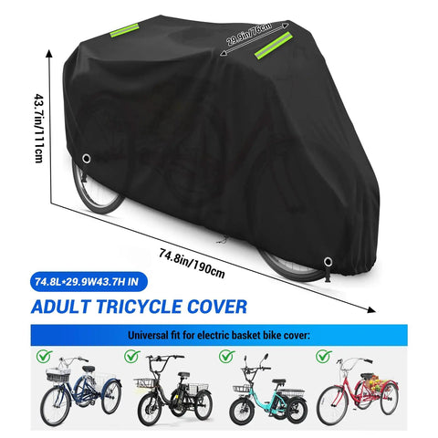 All-Weather 3 Wheel Trike Cover For Electric Bikes, Beefy Built-To-Last 600D Oxford Fabric With Reflective Strip, Tough All-Season Protection For Roadtrike And Similar E-Trikes, Windproof And Tear-Resistant Black, 74.8 x 29.9 x 43.7 in