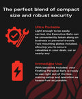 Graphic with gear and wrench icon for portable safe use and battery icon for immediate setup.