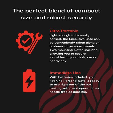 Graphic with gear and wrench icon for portable safe use and battery icon for immediate setup.