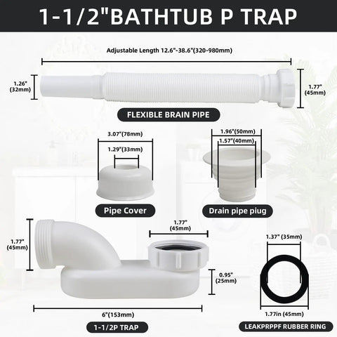 Flexible Bathtub Drain Pipe With Super Sleek Low Profile Flat 1 1/2 Inch P Trap dimensions and features illustration.