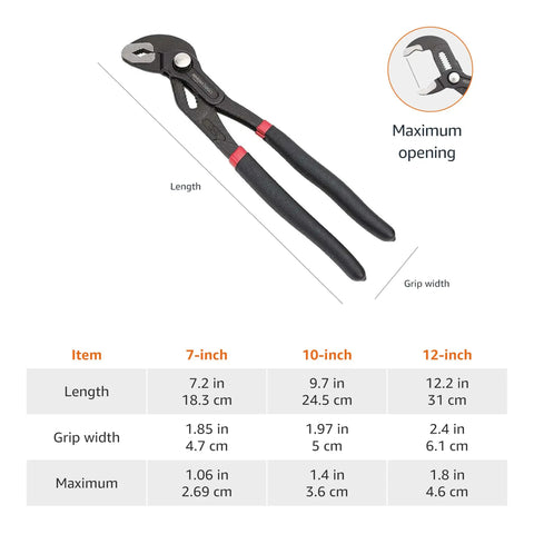Heavy Duty Locking Pliers Set With CR-V Steel Three Piece Kit built tough for gripping with measurements chart shown