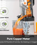 AMZCHEF Cold Press Juicer With 5.4 Inch Slow Masticating Wide Feed Chute, automatic cutting feature juicing carrots into a glass.