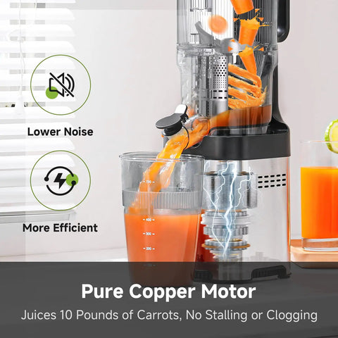 AMZCHEF Cold Press Juicer With 5.4 Inch Slow Masticating Wide Feed Chute, automatic cutting feature juicing carrots into a glass.