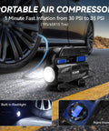 Portable car air compressor with built-in flashlight and digital display, black with blue accents (VCAN) beside tire