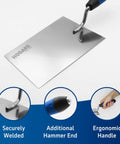 7 Inch Stainless Steel Margin Trowel With Soft Grip Handle showing Italian steel blade, ergonomic handle, secure welding, and hammer end.