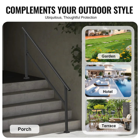 Five Step Outdoor Stair Hand Rail Kit for Concrete Steps and Porches, black carbon steel shown on porch steps.
