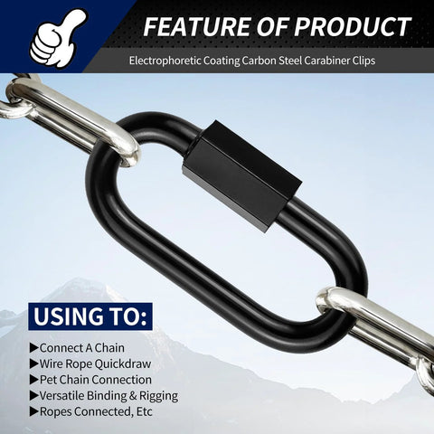 Electrophoretic coating carbon steel carabiner shown in use for various connections, featuring a sleek black finish.