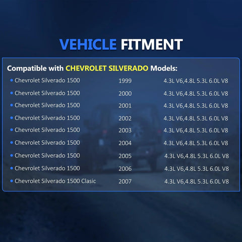 Vehicle fitment chart for Chevy Silverado 1500 models from 1999 to 2007 with engine options listed.