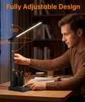LED Desk Lamp For Home Office With USB Ports And AC Outlet in use at night, showing adjustable angles on a desk in study room.