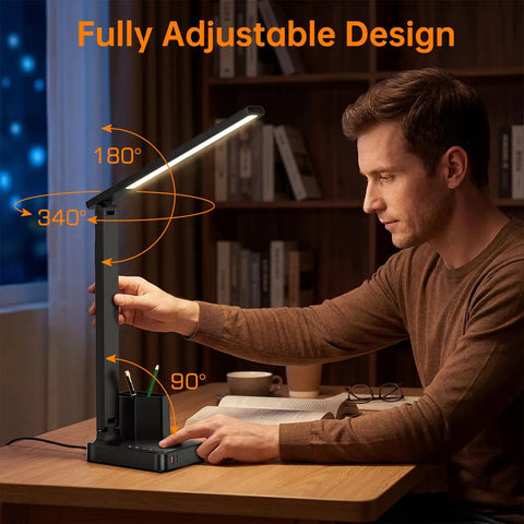 LED Desk Lamp For Home Office With USB Ports And AC Outlet in use at night, showing adjustable angles on a desk in study room.