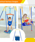 Foldable Kids Swing Stand With Four Sandbags, Sturdy Heavy Duty Metal A Frame For Indoor Or Outdoor Backyard Use shown with toddlers.