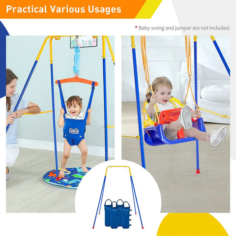 Foldable Kids Swing Stand With Four Sandbags, Sturdy Heavy Duty Metal A Frame For Indoor Or Outdoor Backyard Use shown with toddlers.