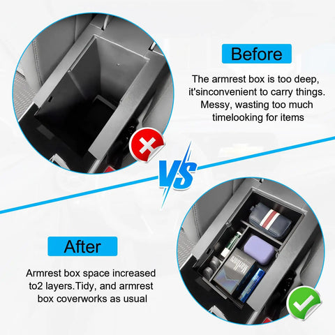 Before and after of Chevy Equinox Center Console Organizer Tray 2025 2026 Fits LT RS ACTIV Armrest Storage Box Insert