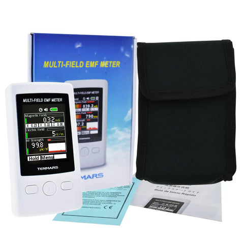 Pocket EMF Meter With Multi Field Readout Up To 2000mG ELF RF Gauss Meter in white with color display and black pouch