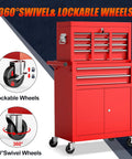 Heavy Duty 2 In 1 Detachable Tool Chest On Wheels With 10 Drawers Lockable Top Box And Bottom Cart A High Capacity Mechanic Organizer For Workshop Garage Adjustable Shelf Red Finish showing lockable and swivel wheels